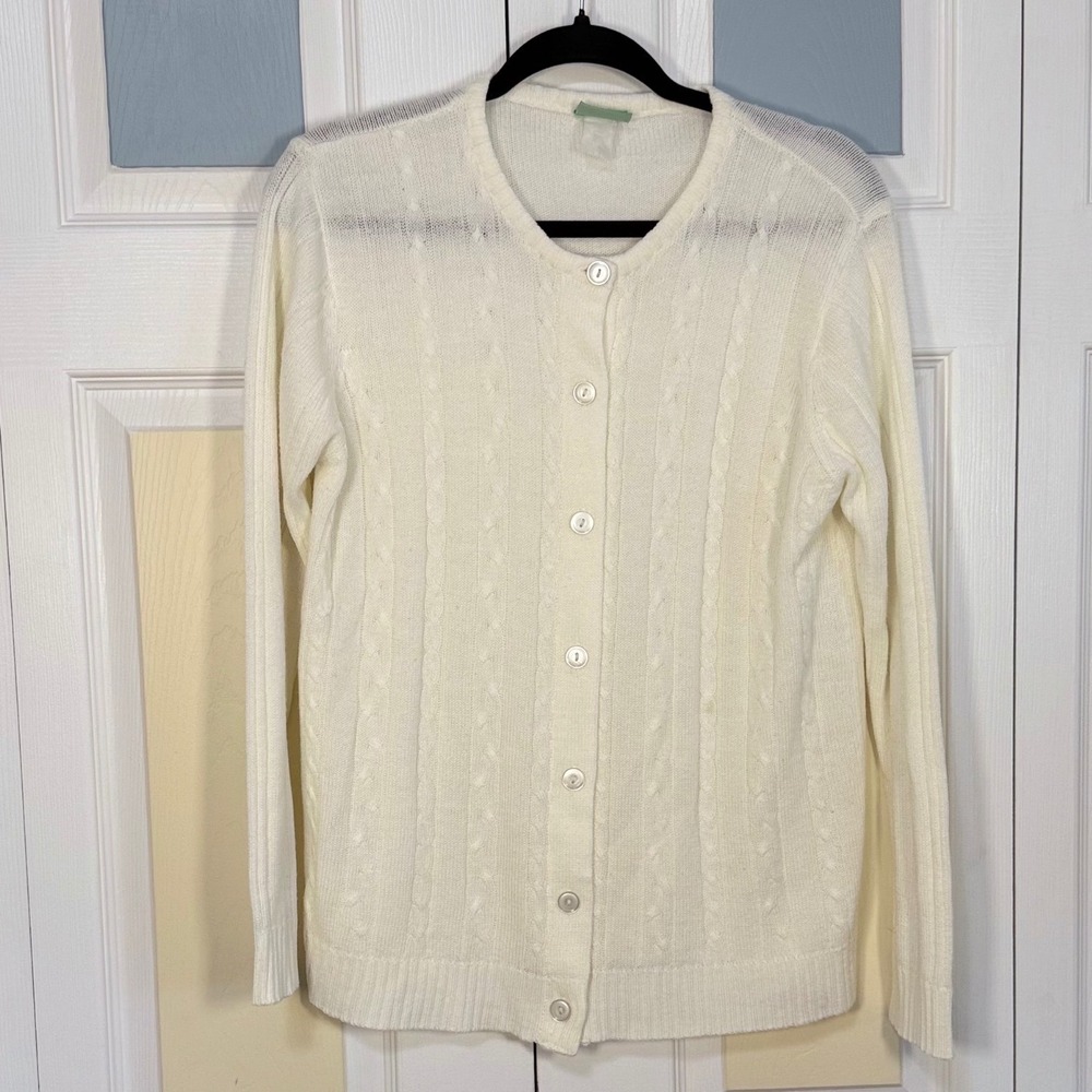 Sara Morgan Womens Cream Cable Knit Button Front Crew Neck Cardigan Sweater